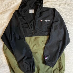 Champion Windbreaker with hood. Army green and black size XL